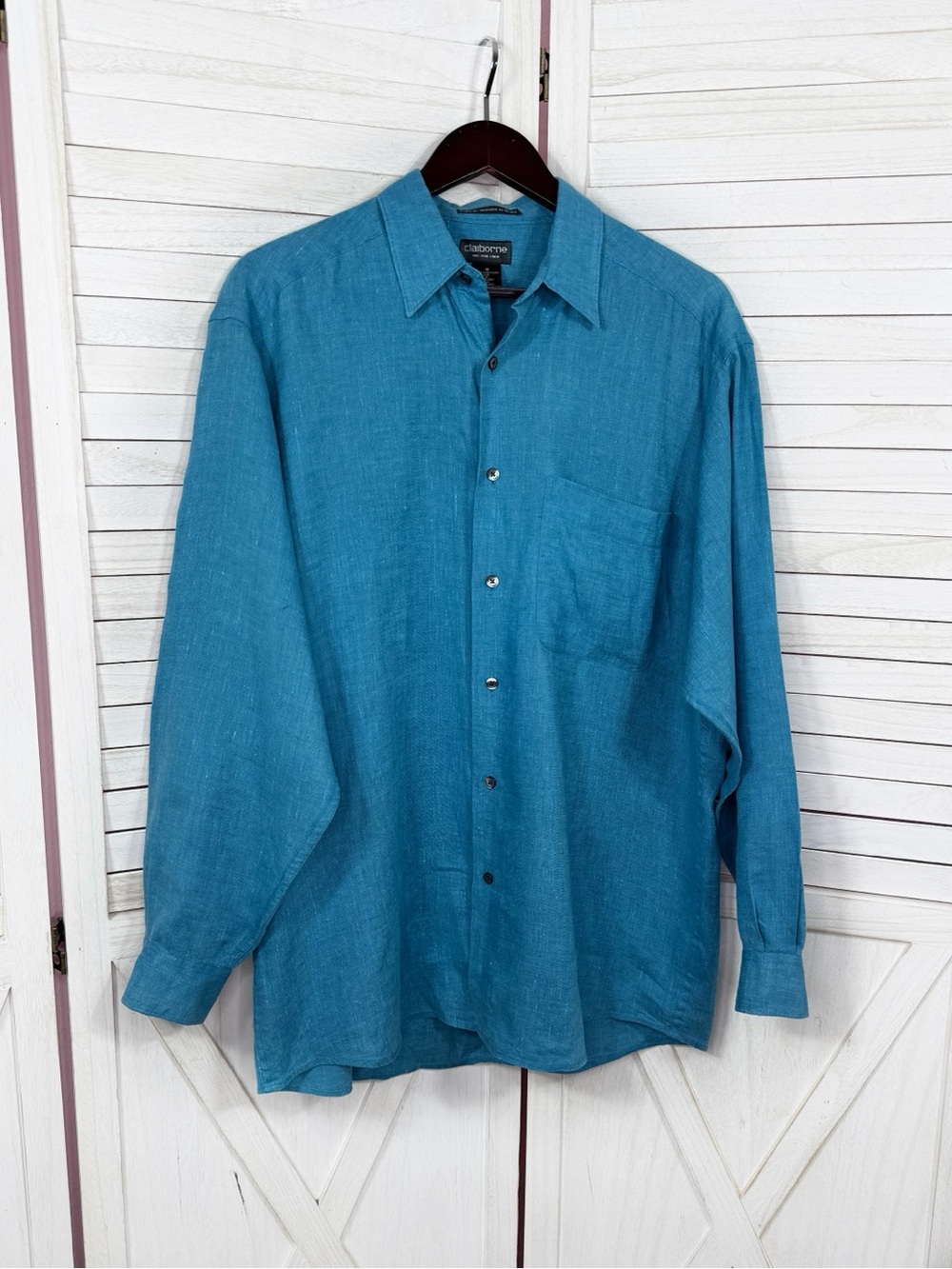 Claiborne Linen Button Up Front Shirt Mens Medium Turquoise Blue Long Sleeve